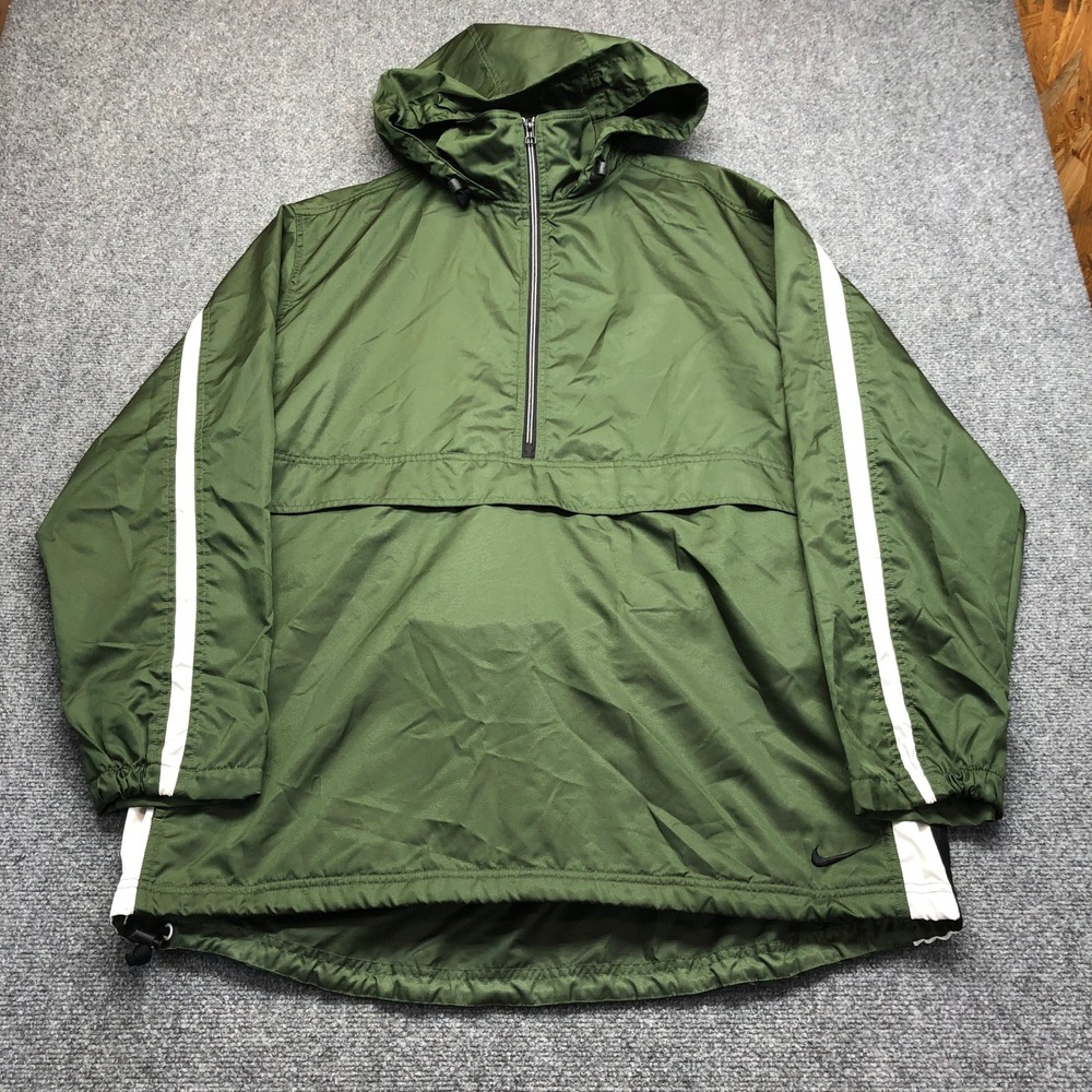 Nike Mens XL 1/4 Zip Anorak Windbreaker Jacket Olive Green White Stripe Pullover